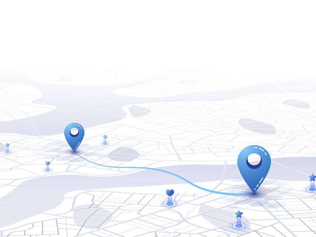 Minimalist 3D city map with GPS navigation route and destination pins. Abstract urban landscape blue tones, showing a planned travel path across river. Travel concepts. Vector illustration tracking applications.